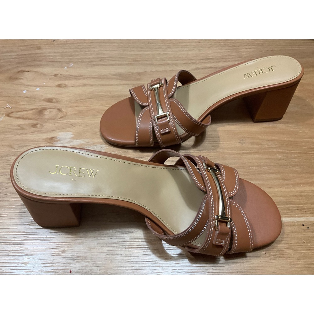 J.Crew Brown Leather Block Heel Slide Sandals Horsebit Buckle Mules 8.5 CR925